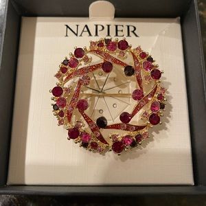Napier Holiday Wreath Pin. Gold tone, red, pink. NIB